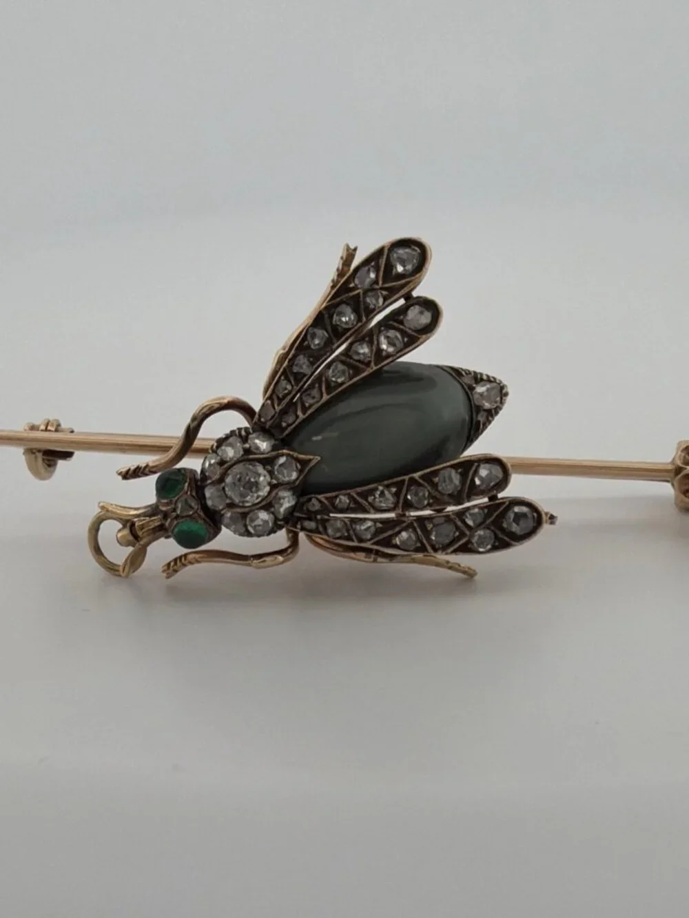 Antique Victorian Bee Brooch 14K Gold & Silver Diamond Emerald Cats Eye Quartz - Picture 1 of 13